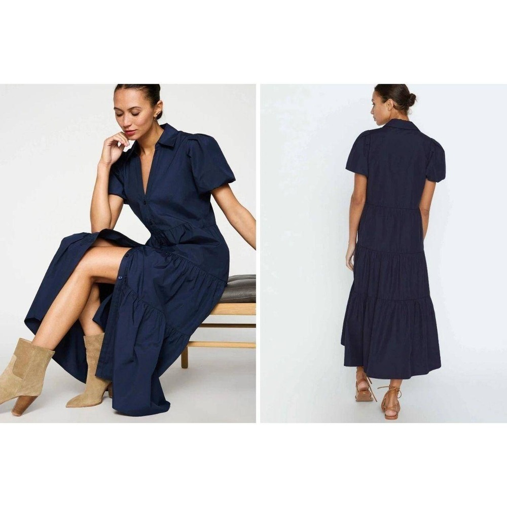 Brochu Walker Navy Blue Tiered Maxi Shirt Dress Short Puff Sleeve Size M